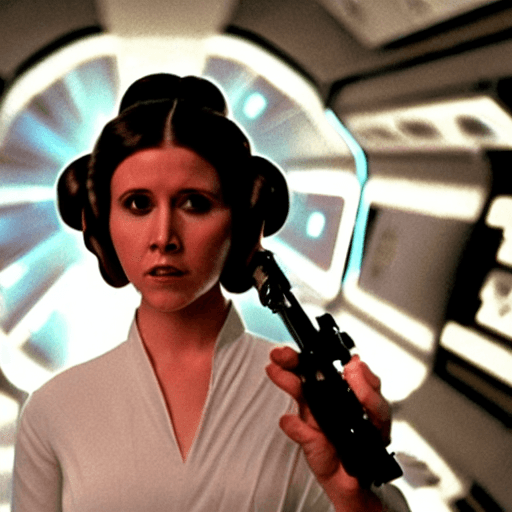AI generated: masterpiece, best quality, princess Leia, holding blaster gun, on star wars space ship, in space, ci...