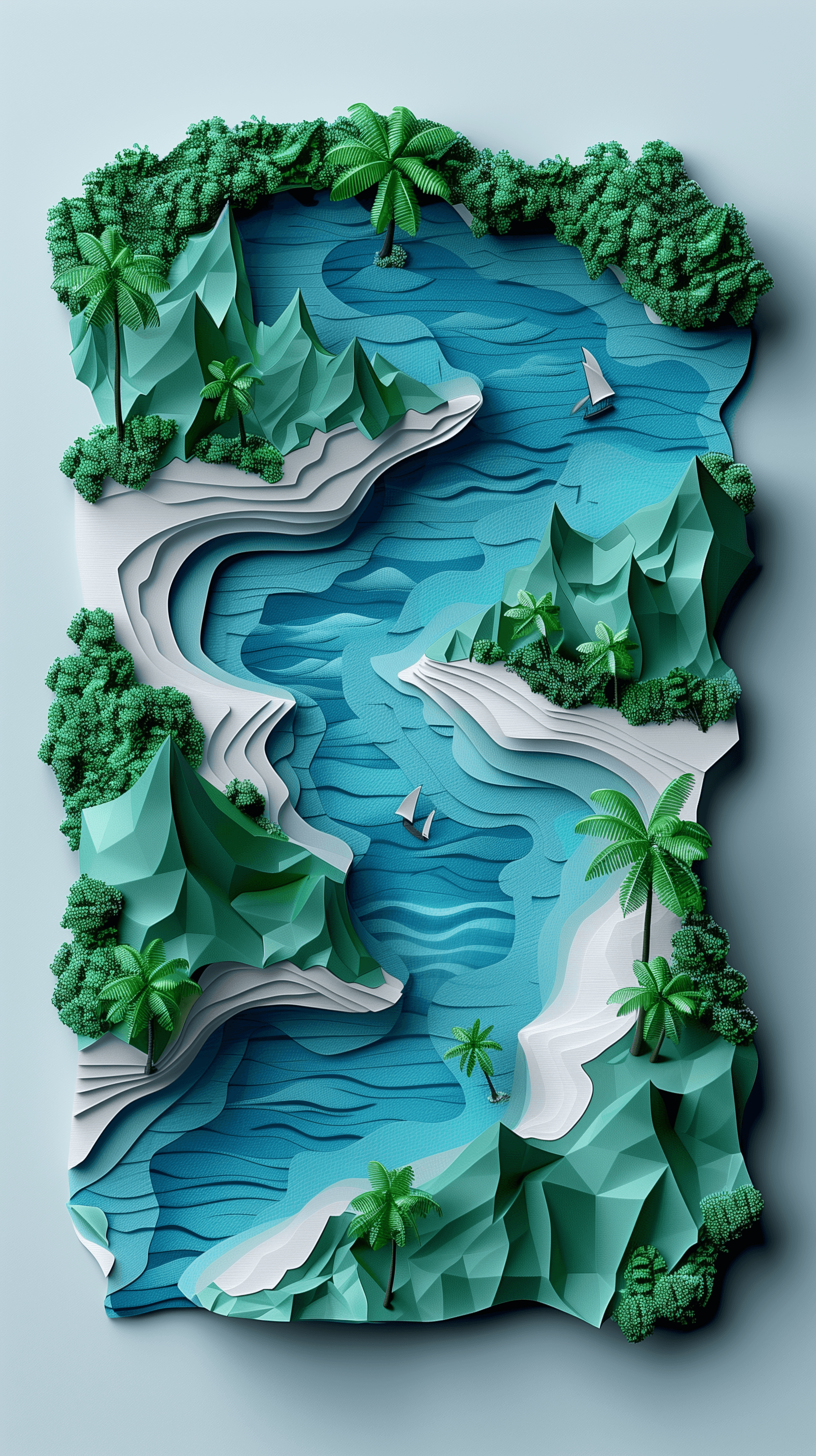 AI generated: 3d, ocean and island, paper work, cyan, and white with emerald green, rough-textured colored paper, ...