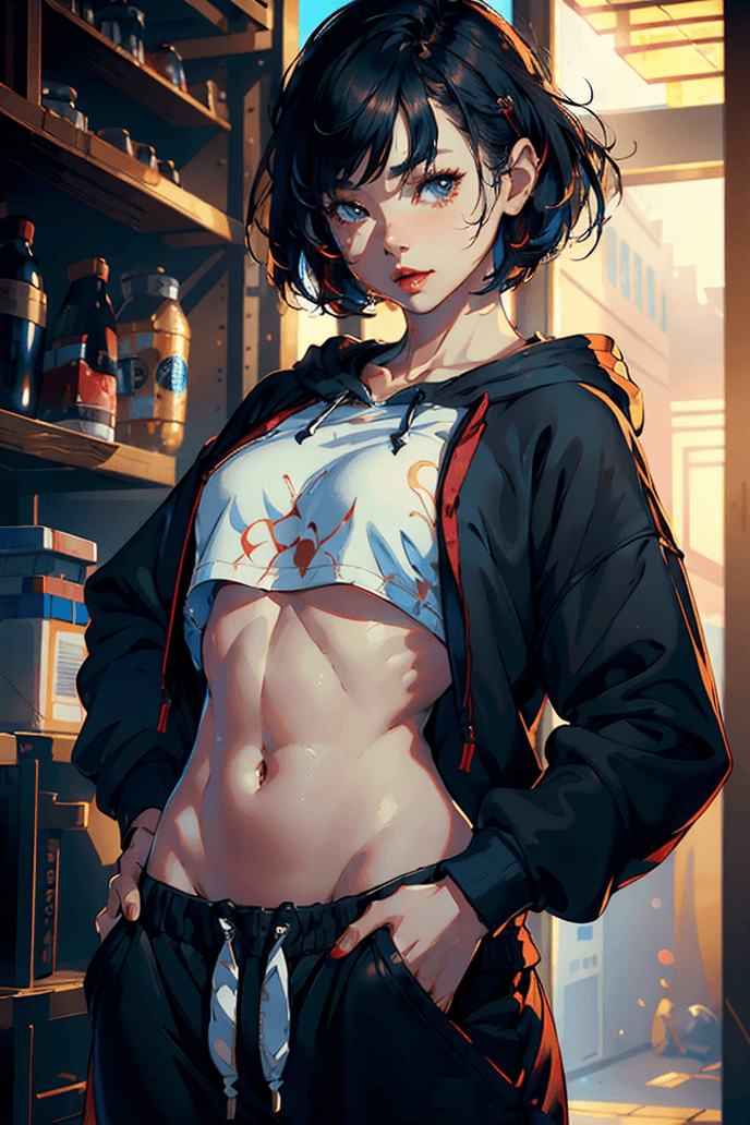 AI generated: 1 girl, beautiful Korean girl, (Cute Loose Bob hair), (wearing a cropped hoodie, capri sweatpants:1....