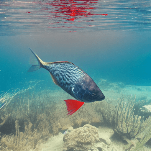 AI generated: motor boat, view from under the water, a red fish swims from below