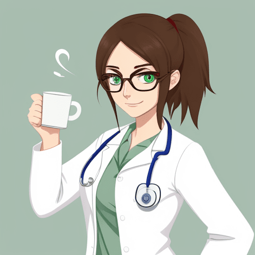 AI generated: ultra-cute MEDICAL woman, 2D,  with green eyes, looking very tired and slightly sick, holding a coff...