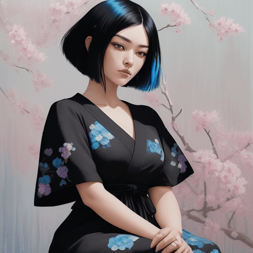 AI generated: A woman with black hair with blue highlights posing amid bright flowers, wearing a black dress.
The ...