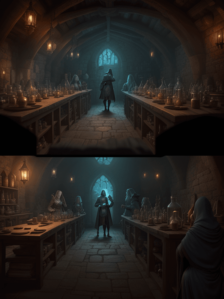 AI generated: inside of wizard's Alchemist Workshop, (potions on the first set:1.3), depth of field, medieval styl...