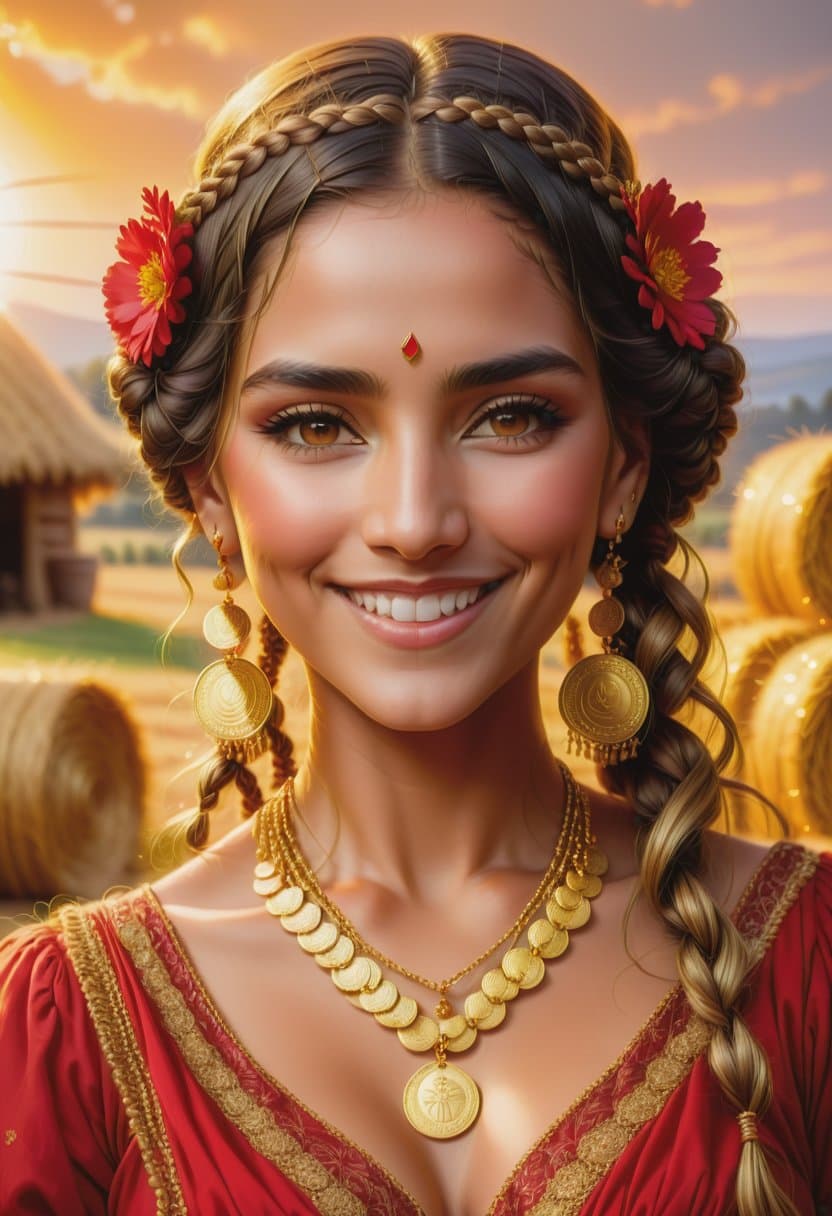 AI generated: A portrait of a Gipsy woman with braided hair and gold coins in her hair, red flowery dress, multipl...