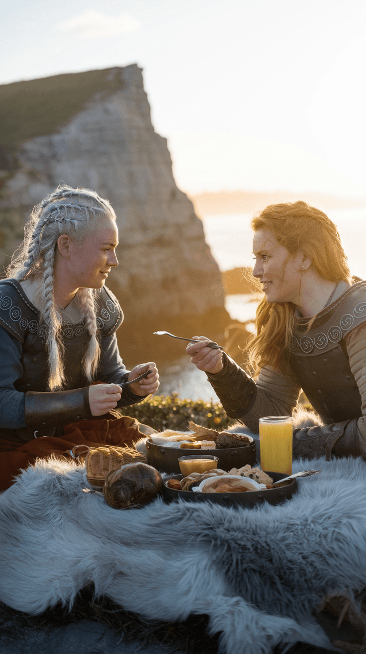 AI generated: Viking shield maidens at sunrise breakfast, one with silver-blonde braids one with golden waves, wea...