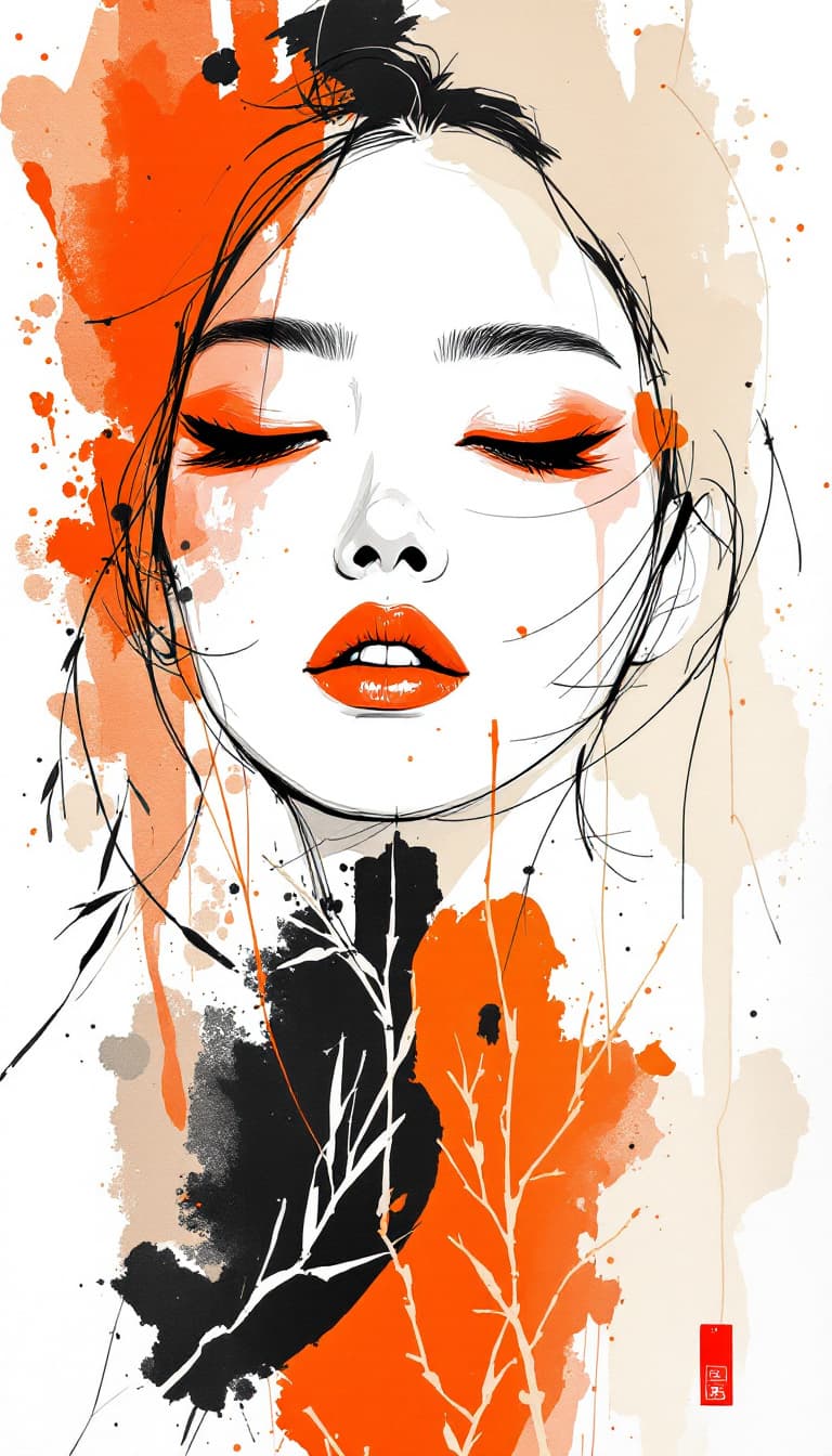 AI generated: The minimalist drawing captures the essence of a colorful Japanese woman's white face with red eyesh...