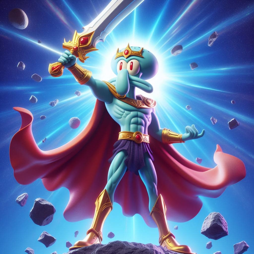 AI generated: Mr.Squidward is the mightiest god wielding his sword, red eyes, heroic pose, divine and celestial li...