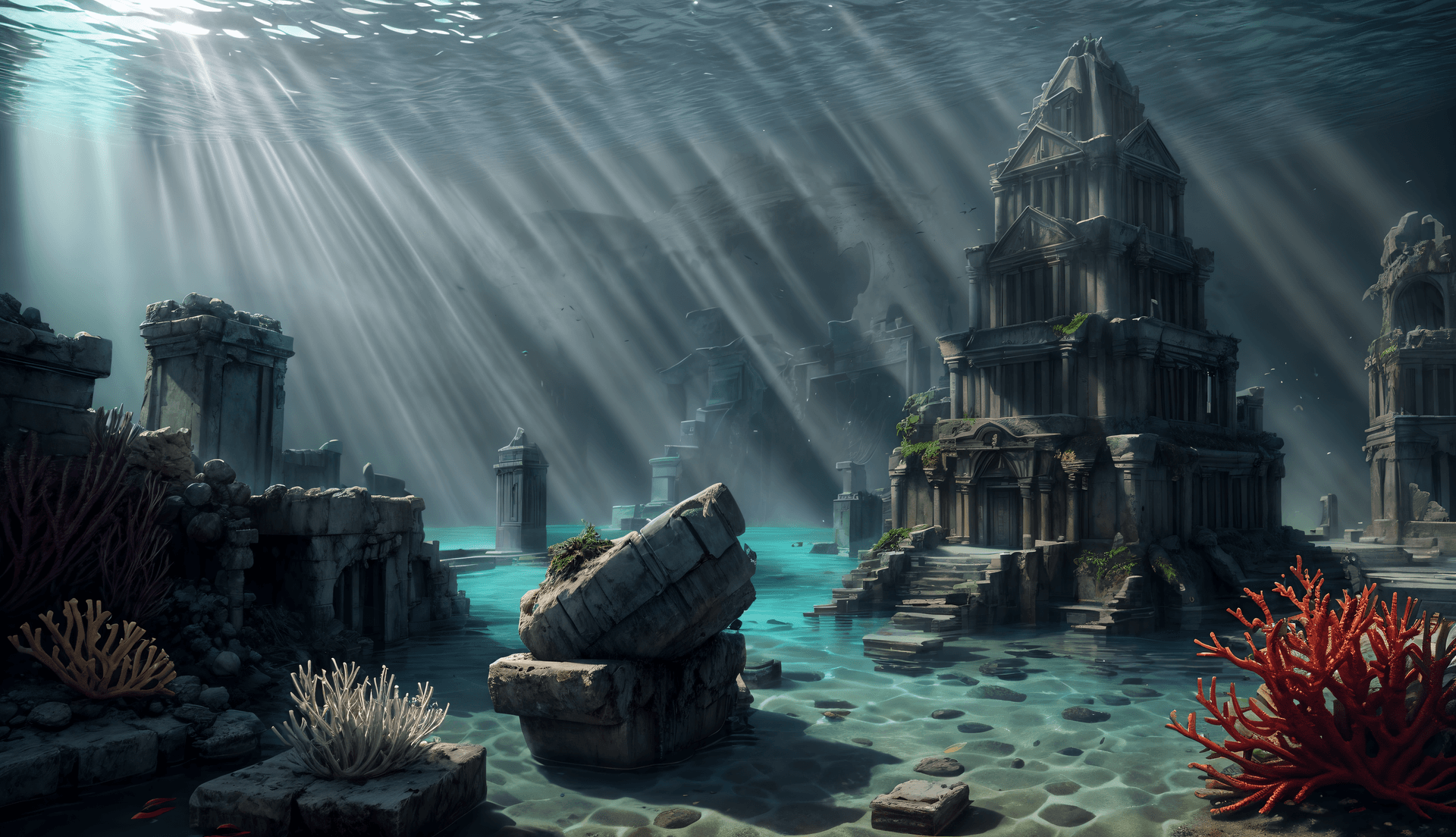 AI generated:  Masterpiece, Best Quality The Lost (City of Atlantis:1.2), at the bottom of the Ocean, Dark, Ruins,...