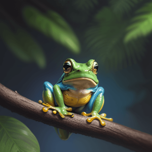 AI generated:  a blue and yellow frog sitting on top of a tree branch, a photorealistic painting by Fred A. Precht...