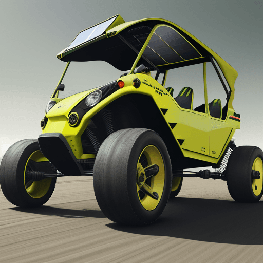 AI generated: buggy with large wheels and solar panels, yellow, green and gray, materials worn by time, cinematic ...