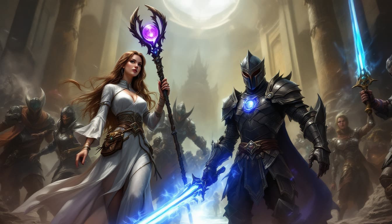 AI generated: A fantasy battle scene with seven characters, including a woman with long brown hair and a white dre...