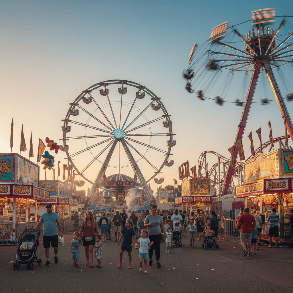 AI generated: "A bustling Oklahoma State Fair scene, with colorful rides, food stalls, and families enjoying the e...
