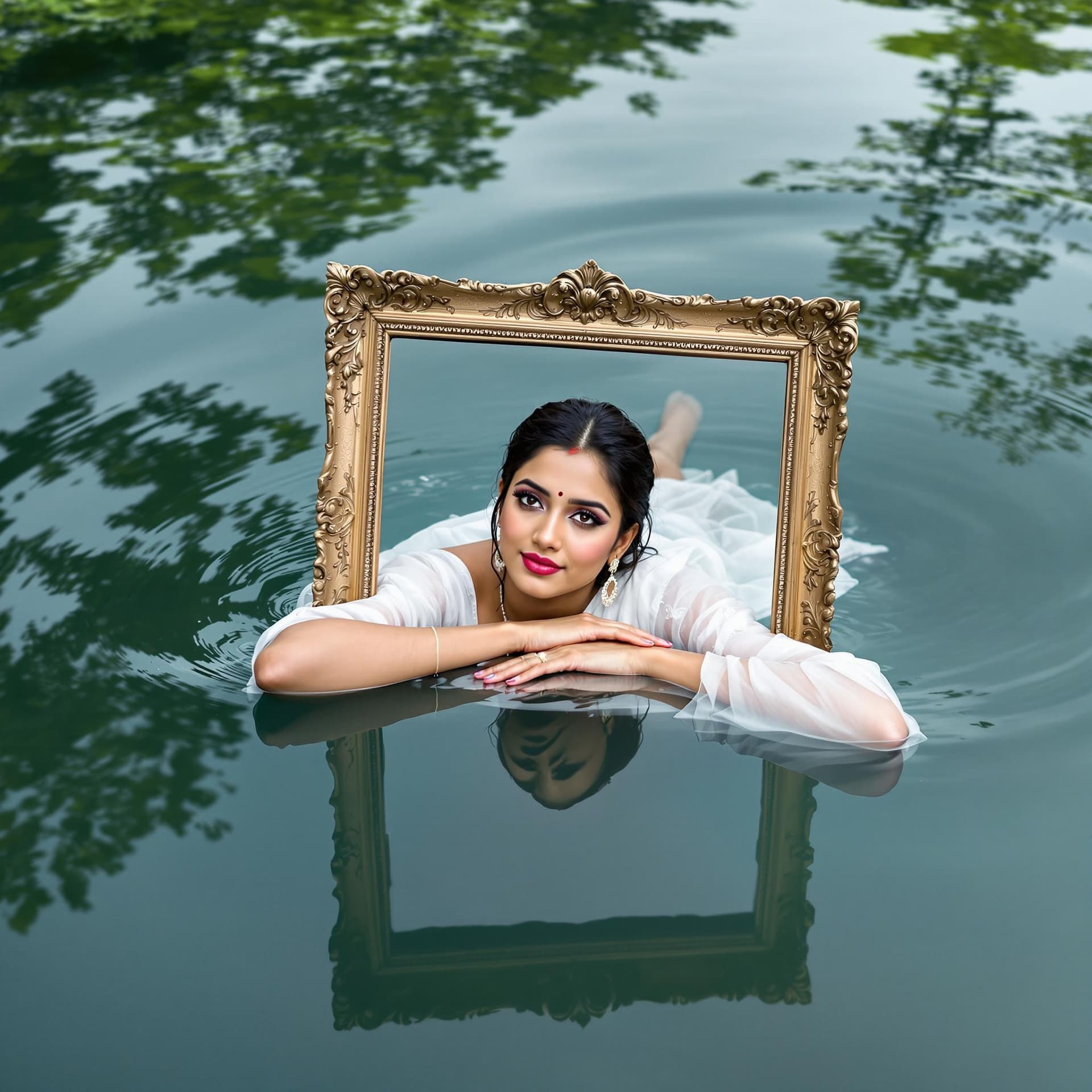 AI generated: A visually captivating photograph shows a Kerala woman submerged in water up to her shoulders, hair ...
