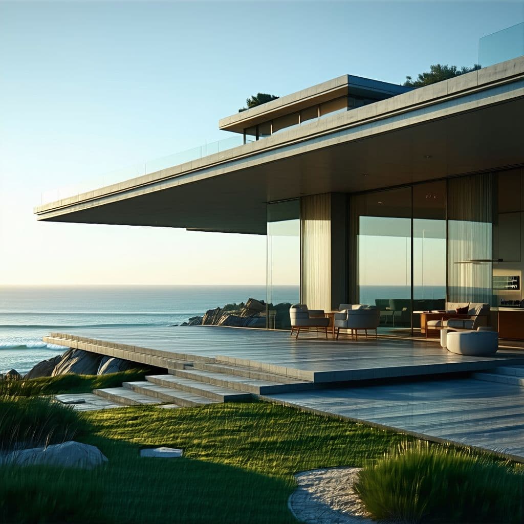 AI generated: Hyper realistic eye level exterior photo of a mid century modern style house overlooking the ocean, ...
