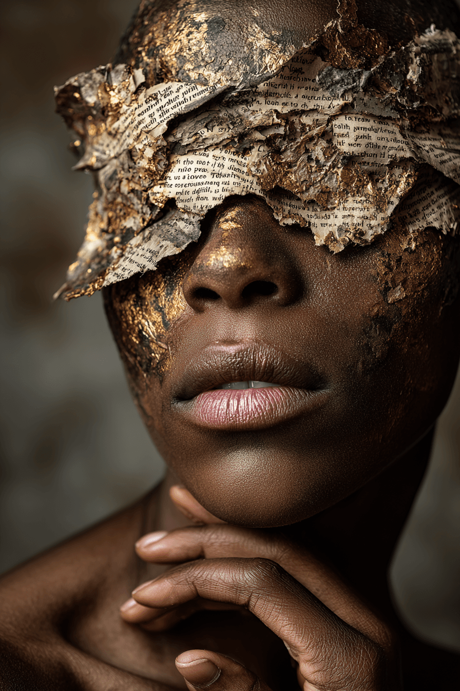 AI generated: Dark-skinned woman, mid-20s, close-up portrait,  with a thoughtful and contemplative expression.  He...