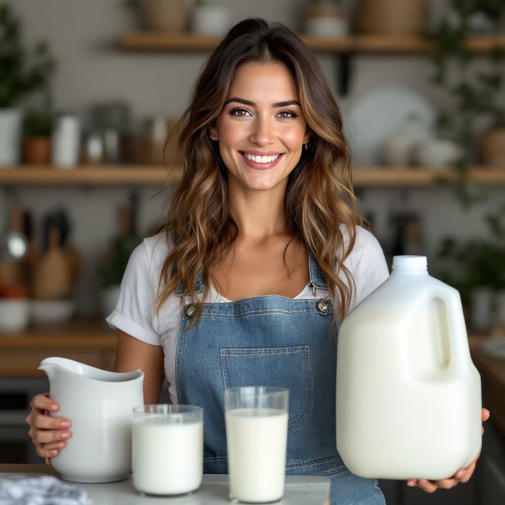 AI generated: Lisa Ann serving milk in a gallon jug and looking happy  