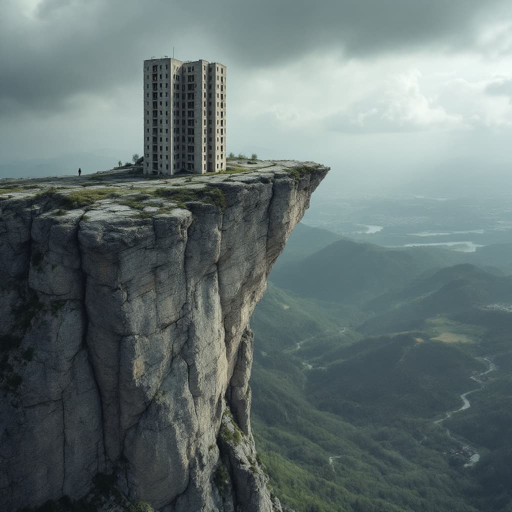 AI generated: acrophobiс photo attention-grabbing composition, the broken eastern europe block building cut-offs s...
