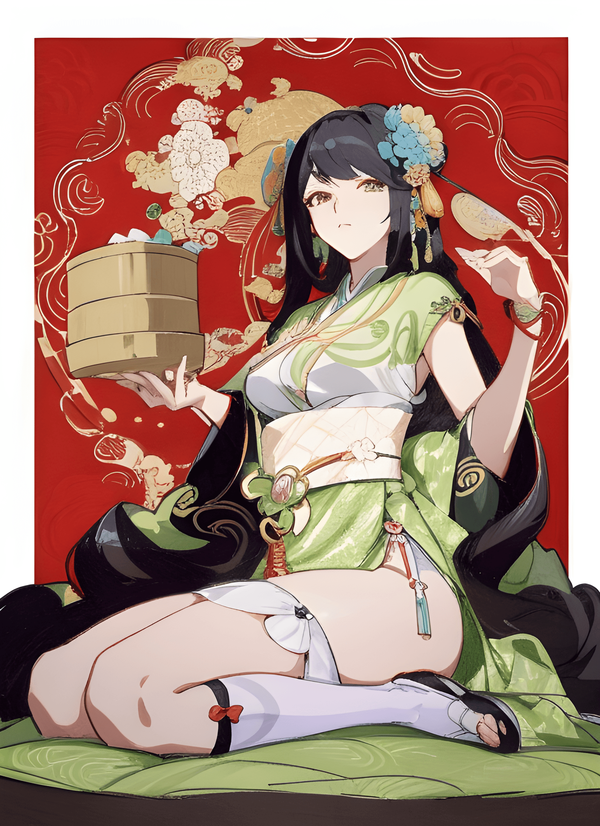 AI generated: a woman sitting on top of a lush green field, an anime drawing, pixiv, ukiyo-e, wearing ornate silk ...