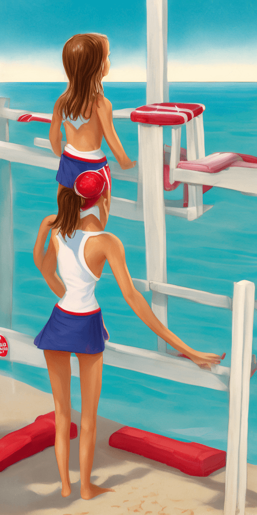 AI generated: 1girl, a girl as a lifeguard, Standing with hands on hips, looking down at the ground, in the sun on...