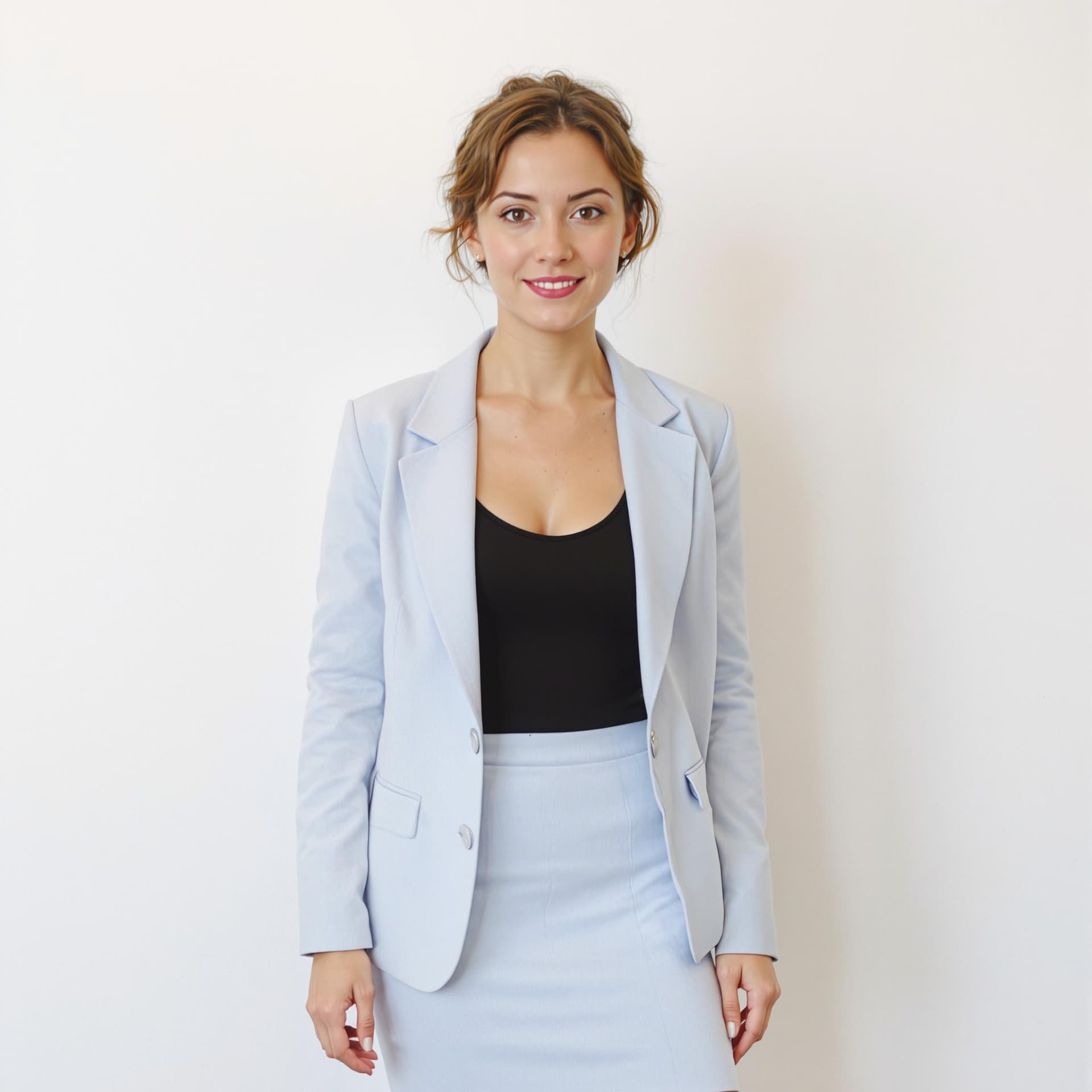 AI generated: She is dressed in a black top, a light blue blazer, and a skirt.  The backdrop is white