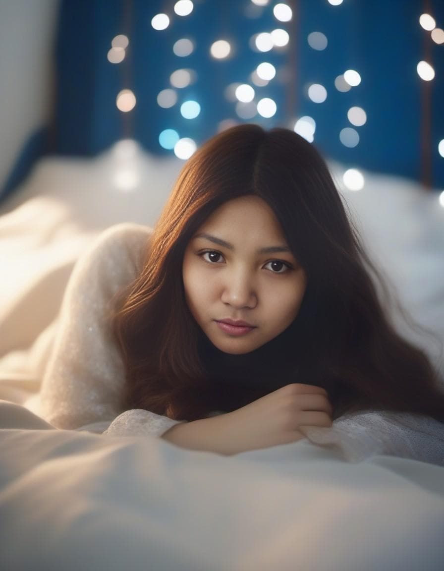 AI generated: a woman with long hair laying in bed, in the style of yigal ozeri, anamorphic lens flare, bella kota...