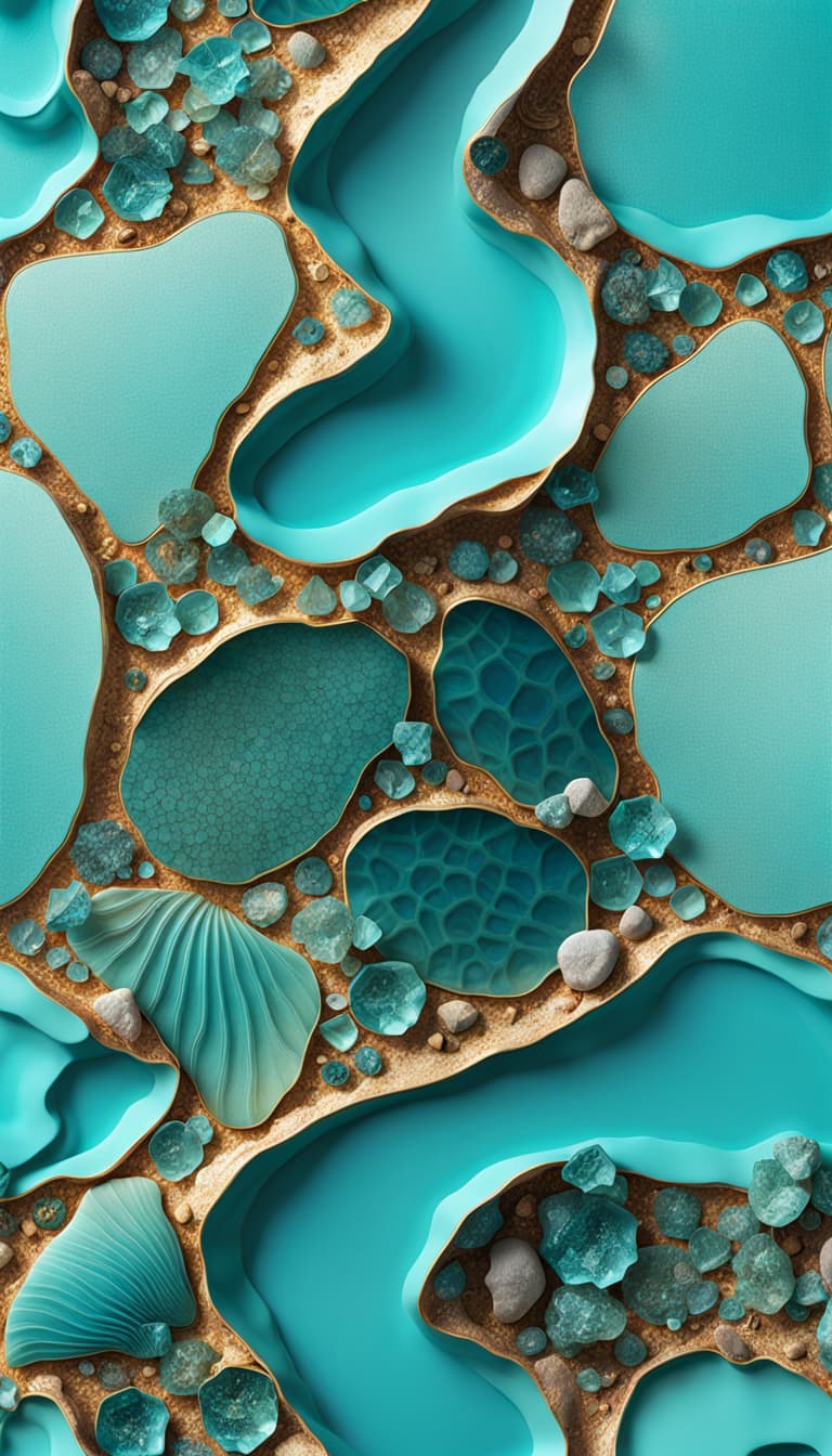 AI generated: extremely detailed CGI wallpaper, 16k, multi-textured, sea flat, tiffany blue color, sand and pebble...
