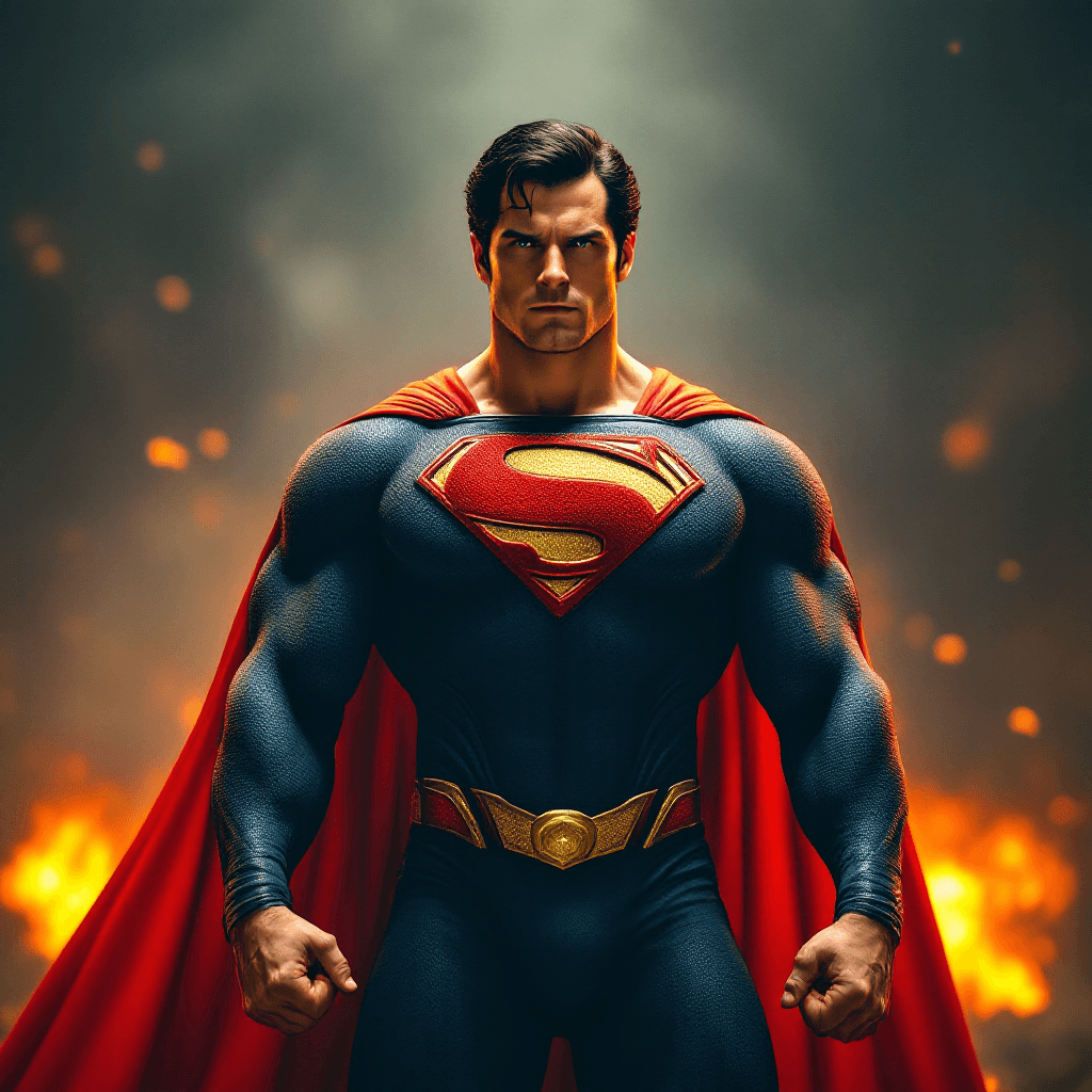 AI generated: a muscular superman , whole body, cinematic, intense, cinematic composition, cinematic lighting, col...