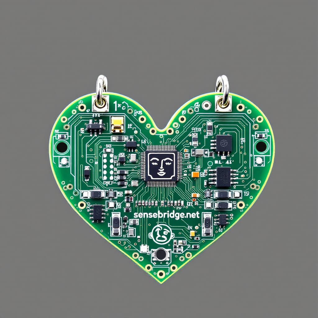 AI generated: A heart-shaped green printed circuit board (PCB) featuring intricate electronic components and trace...