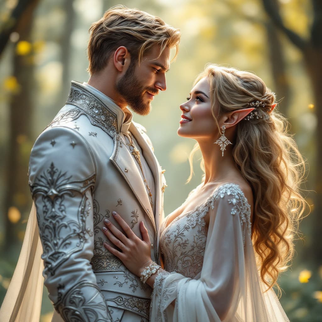 AI generated: A moment of pure love and happiness unfolds as the hero and the semi-elf woman are united in marriag...