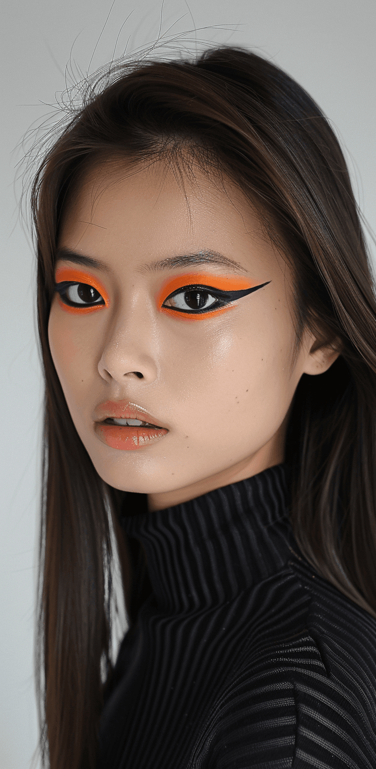 AI generated: Asian model with long straight hair, wearing sharp eyeliner and bold orange eyeshadow --no freckles ...