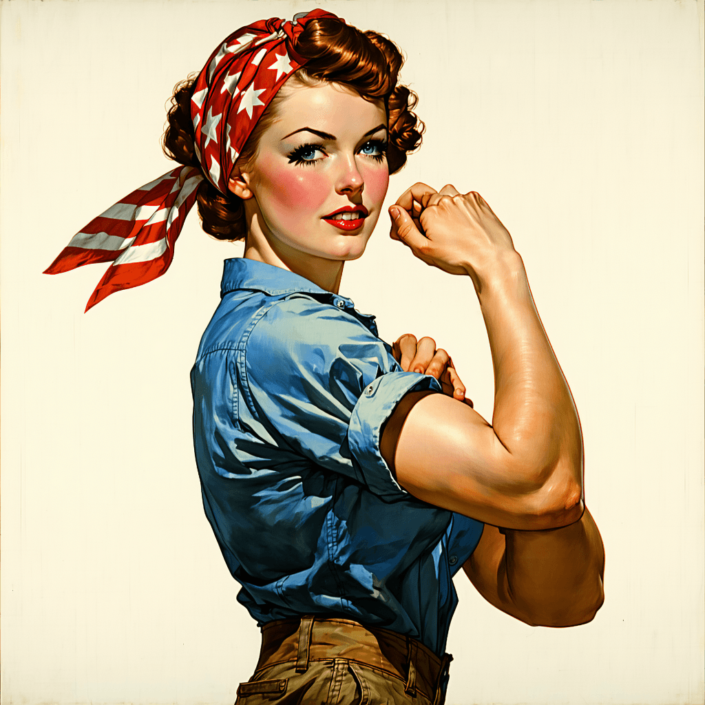 AI generated: Cover art quality illustration by ((Joseph Christian Leyendecker)), a Rosie the Riveter, 3/4 shot, f...
