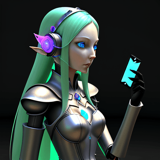 AI generated: Elf Galadriel dressed in a robot outfit in the dark and having a earphone, in the style of daz3d, an...