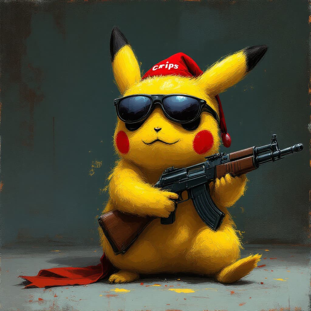 AI generated: pikachu with an ak47, part of the crips gang. in the style of Picasso