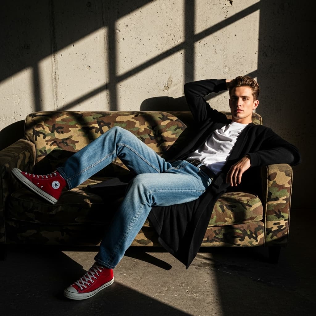 AI generated: photography, magazine cover, tilt shot, male model lounging on a worn camouflage sofa, casually dres...