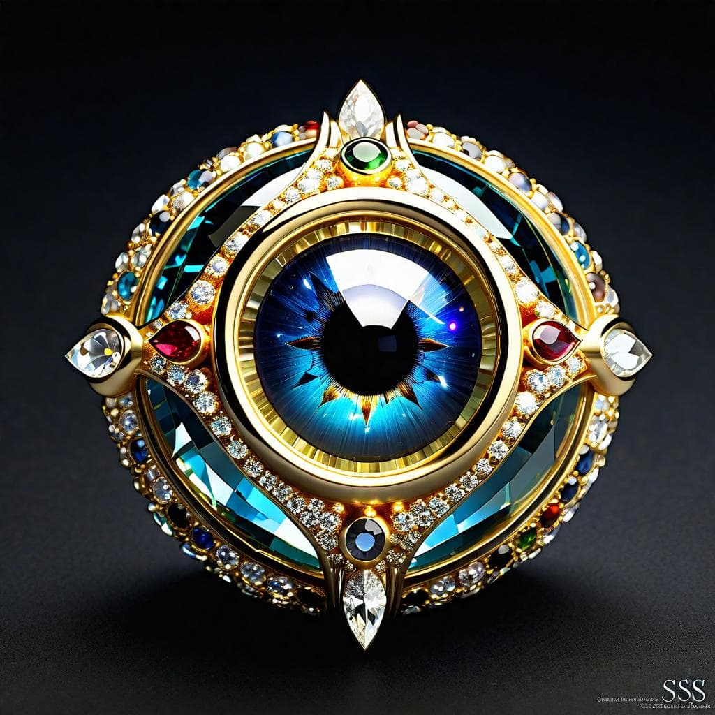 AI generated: jewelry design of an eyeball made of fine gold, precious stones, rare, collectables, museum item, in...