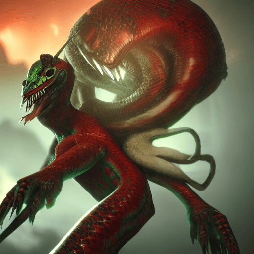 AI generated: Game type villain looking half human half serpent with red eyes and fangs, hands holding weapons, 4k...