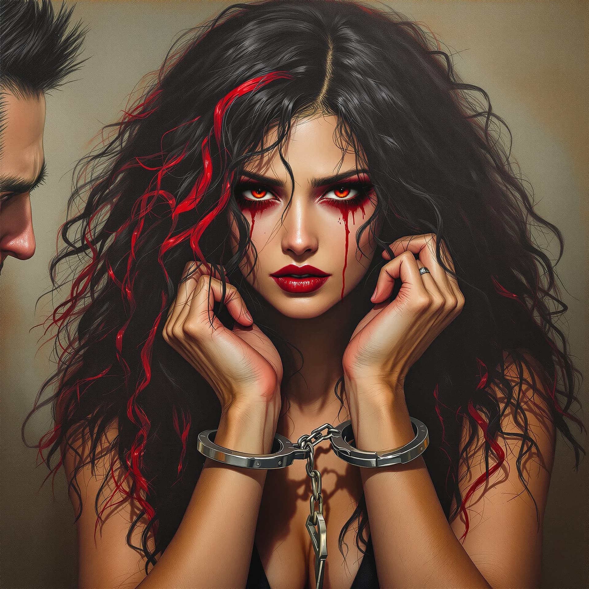 AI generated: With a mane of long, curly black and red hair cascading down her back, her piercing red eyes shine b...