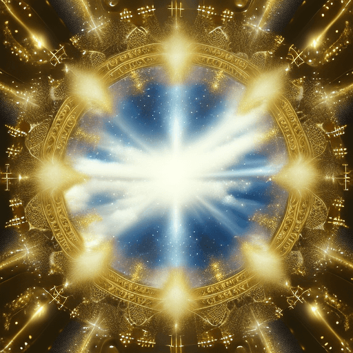AI generated: High resolution background image of a heavenly dimension, dreamy white and gold, with angelic feathe...