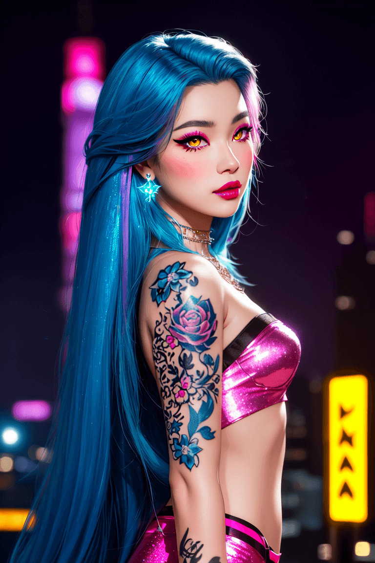 AI generated: masterpiece, portrait, 1girl, Korean woman, big lips, pink lipstick, [magical flowing hair: blue hai...