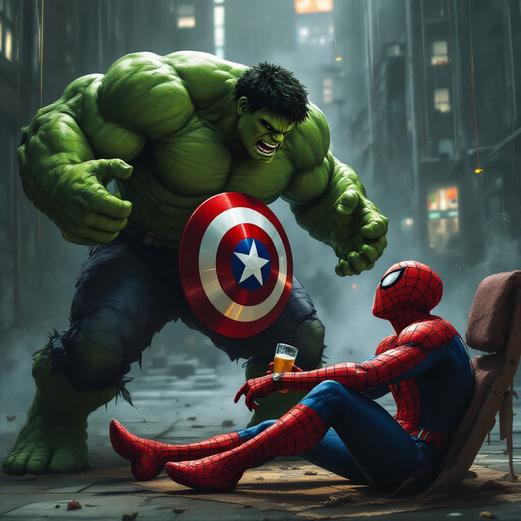 AI generated: captain america stop hulk with his shield while spiderman take a beer sit down

