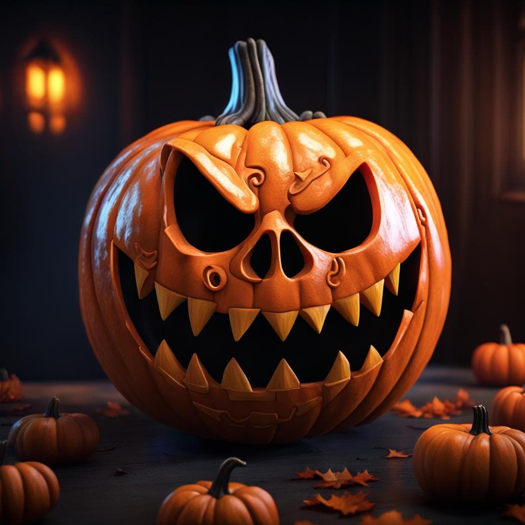 AI generated: a life like 3d Halloween pumpkin, photographic, unreal engine 5, scary, dark, sharp teeth, photoreal...