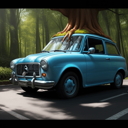 AI generated: A tree standing on a car, roots growing on side of car, smurf behind the steering wheel, photorealis...