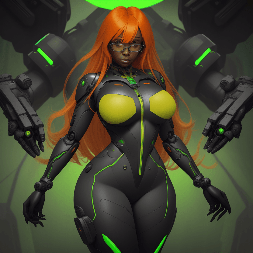 AI generated: Orange long hair, black and green jumpsuit, woman, futuristic tech, glasses, hypnosis, mech suit, ga...