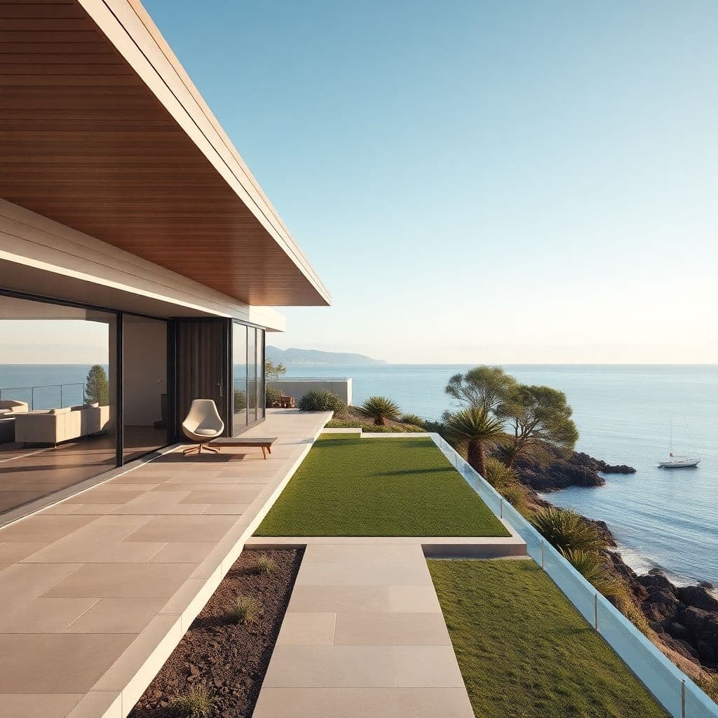 AI generated: Hyper realistic eye level exterior photo of a mid century modern style house overlooking the ocean, ...