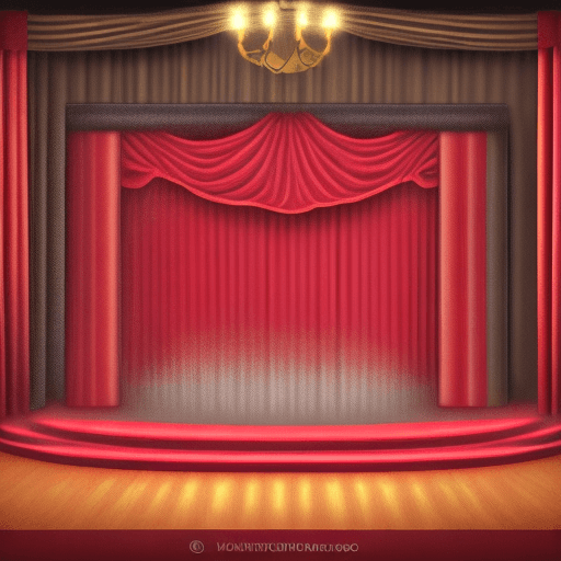 AI generated: image of a retro stage, full view of the stage, red curtains on the sides, with a slight shadow, sta...