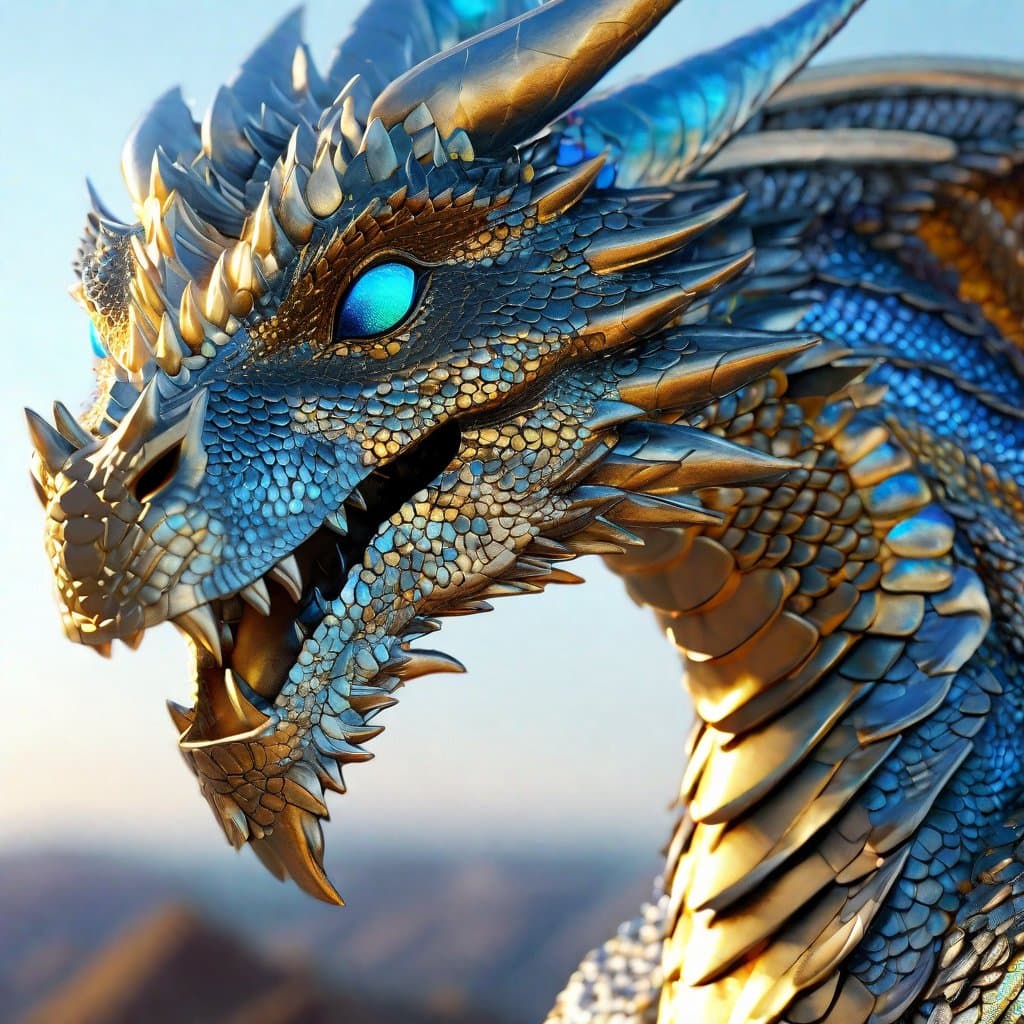 AI generated: a dragon gazing across the horizon, his eyes filled with glorious intelligence, vibrant gold lined s...