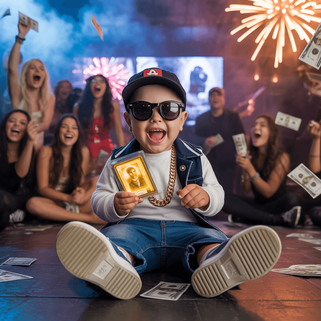 AI generated: A LITTLE FAT WHITE 4 YEAR OLD BABYBOY WITH SUNGLASSES  SITTING ON THE GROUND, FULL OF JOY, LAUGHING,...