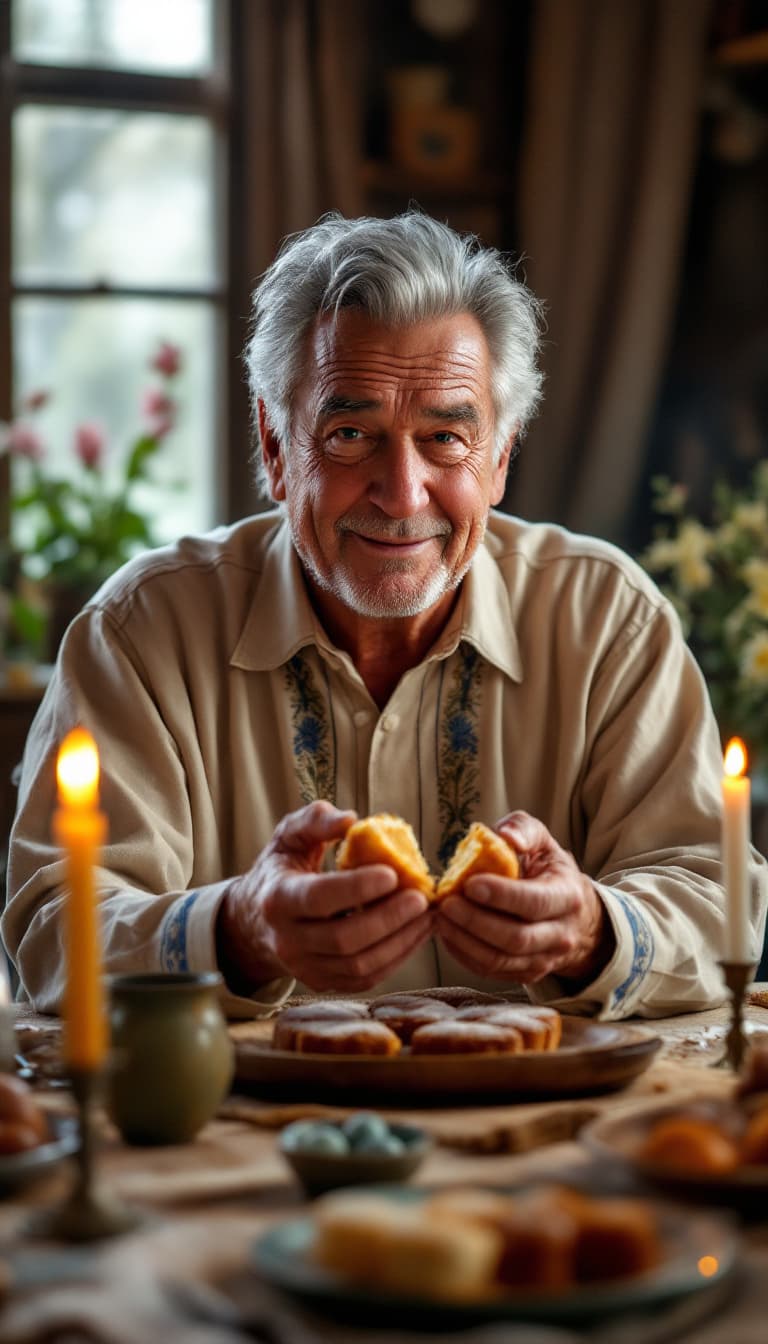 AI generated: Robert De Niro sits at a festive Easter table in a cozy village hut. On the table are ruddy cakes, d...