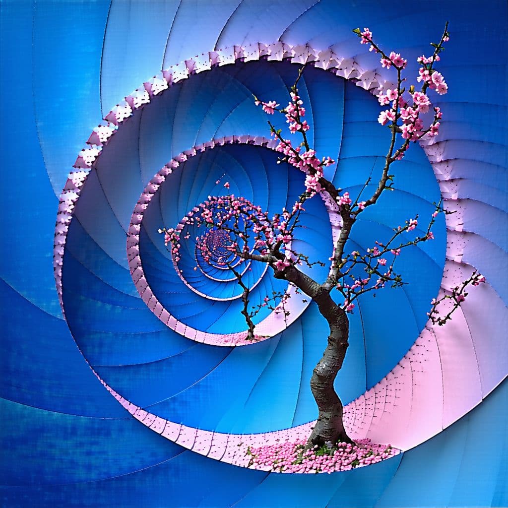 AI generated: Fibonacci sequence in nature, cherry blossoms, blue abstract background, pink accents.
