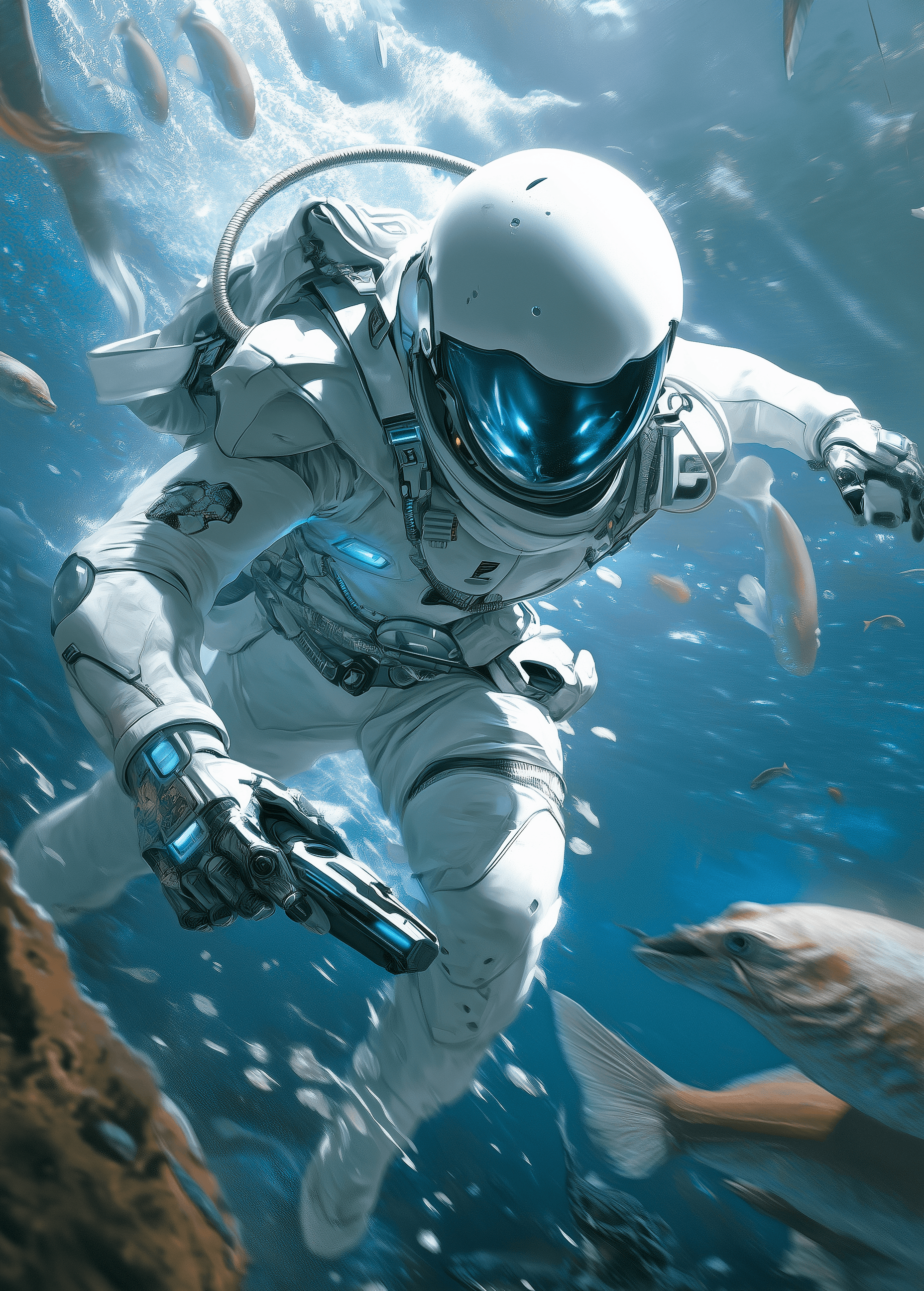AI generated: An alien space explorer in a white suit with blue details, on the surface of an ocean planet, fighti...